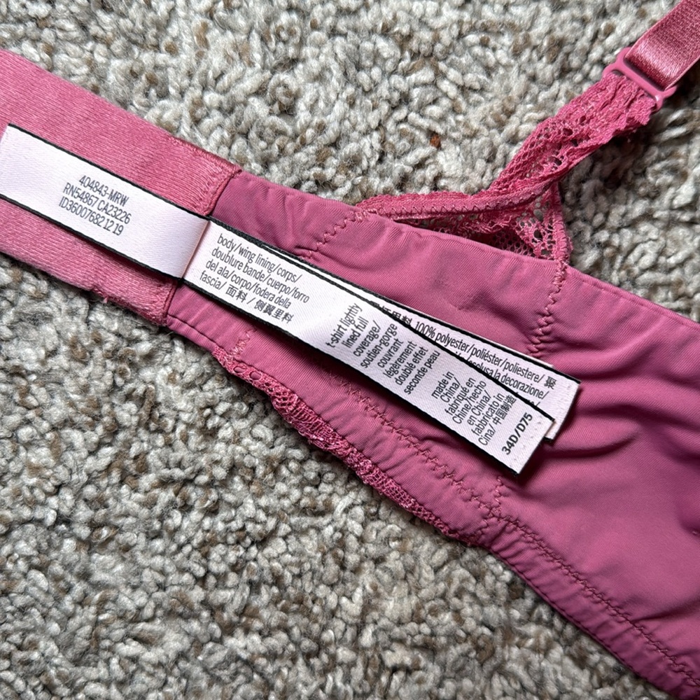 Victoria’s Secret T Shirt Lightly Lined Full Coverage Maroon Pink Lace Bra‎ 34D - Picture 5 of 5